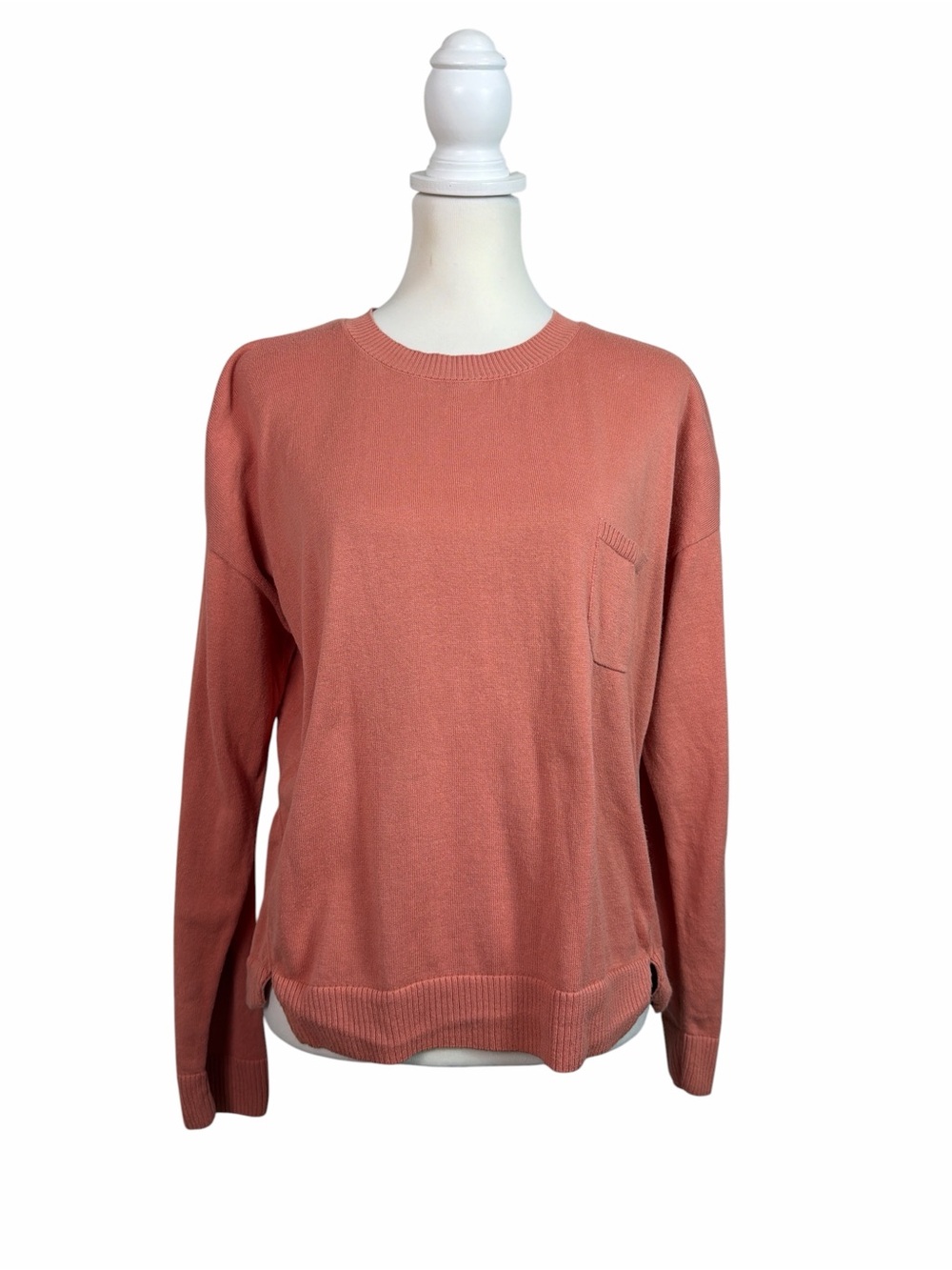 Garnet Hill Large Coral Pima Cotton Sweater Crewneck Pocket Knit Pullover